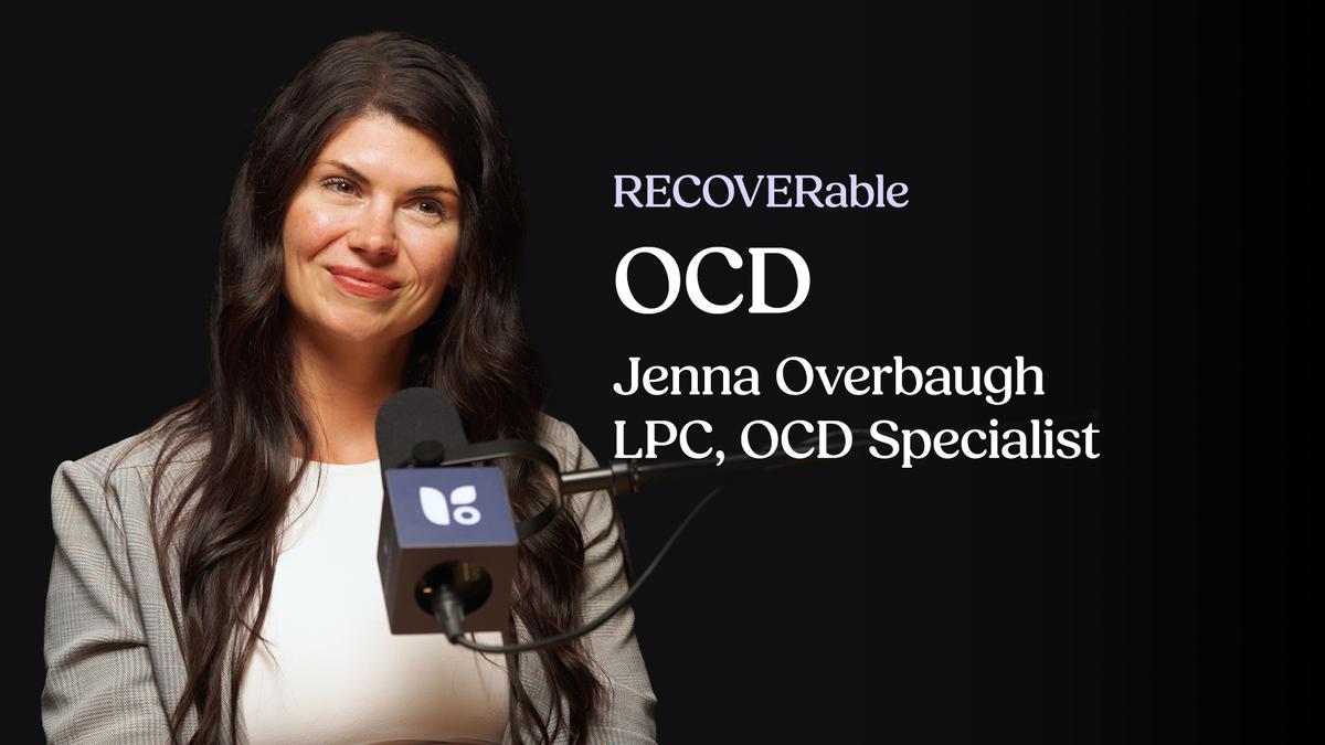 Jenna Overbaugh, licensed professional counselor and OCD specialist, sits behind a microphone for an episode of Recovery.com's RECOVERable podcast about obsessive-compulsive disorder (OCD).