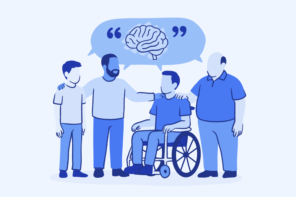 Illustration of a support group gathered around a person in a wheelchair, with a speech bubble showing a brain to represent mental health support.