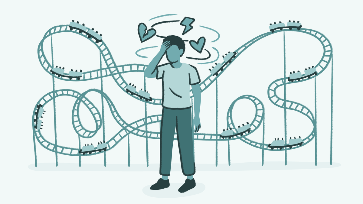 Illustration of person experiencing emotional dysregulation with roller coaster symbolizing ADHD mood swings