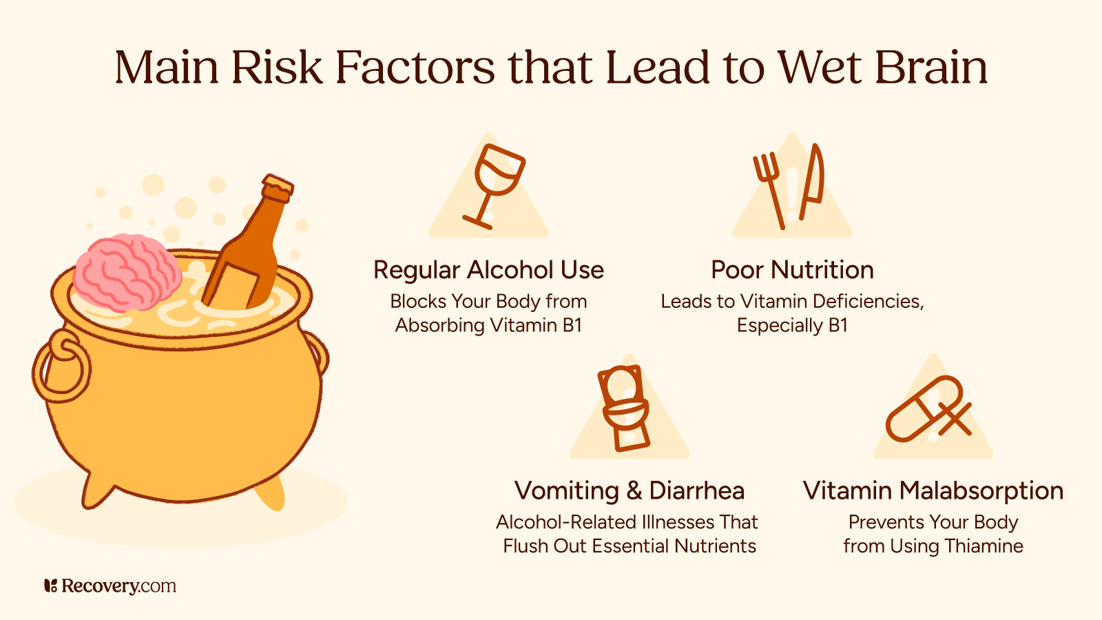 Infographic titled, Main Risk Factors that Lead to Wet Brain, with illustrations of a brain in a cauldron with alcohol and icons for risk factors: regular alcohol use, poor nutrition, vomiting and diarrhea, and vitamin malabsorption—each linked to vitamin B1 deficiency.