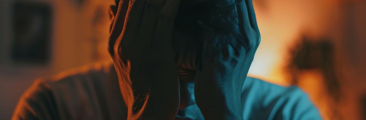 Person sitting with their head in their hands, lit in blue and orange tones, conveying distress or overwhelm.