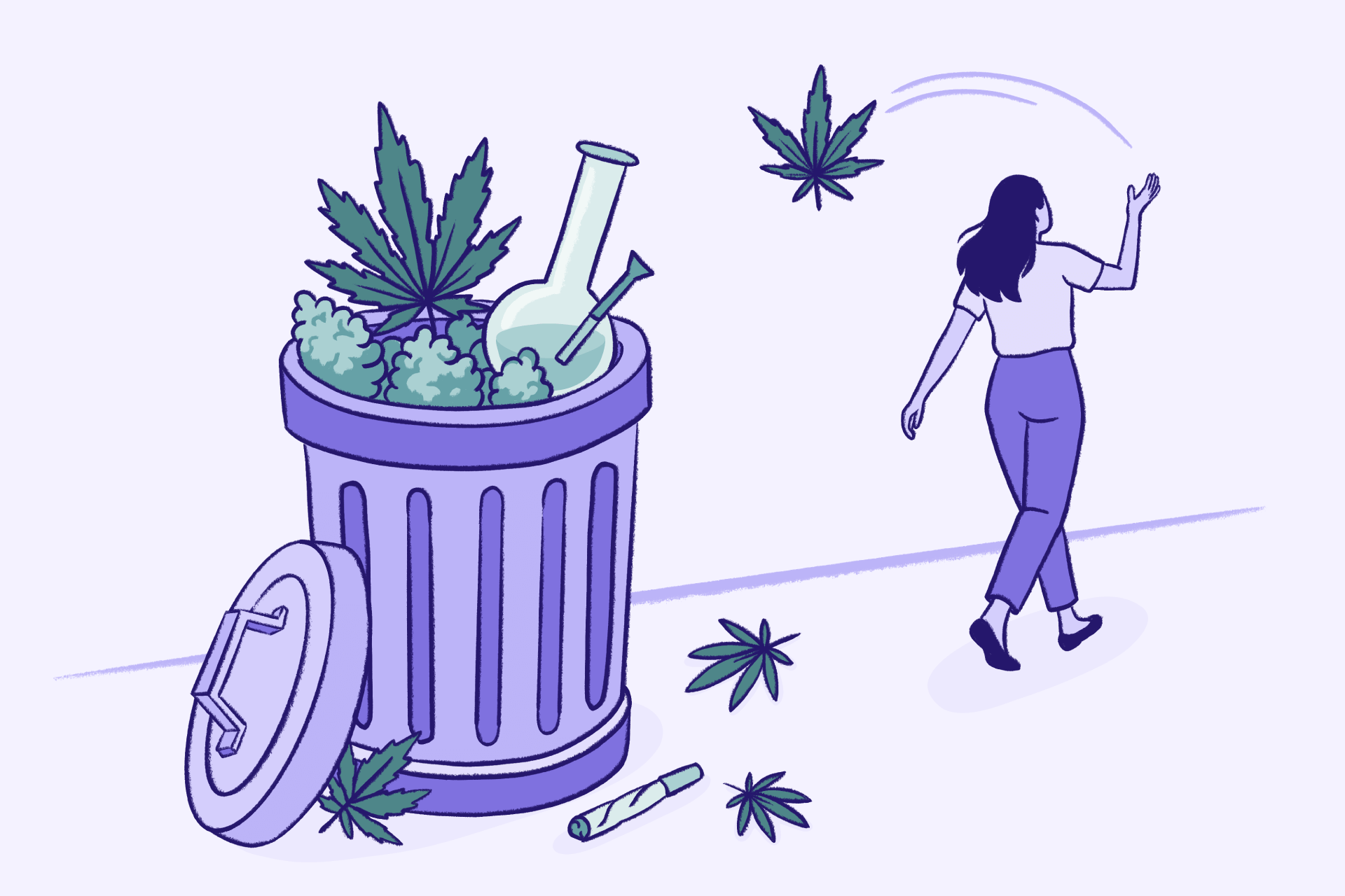 Illustration of a trash can filled with marijuana leaves, cannabis buds, a bong, and smoking accessories, while a woman walks away in the background.