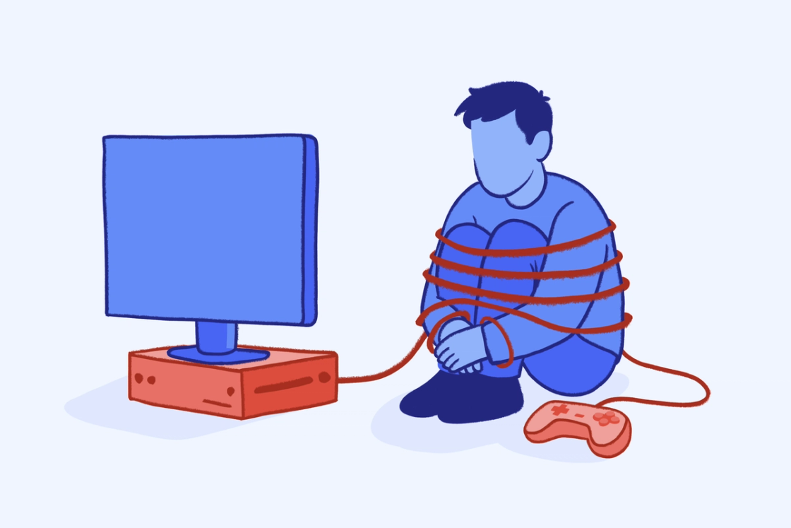 Illustration of person wrapped in gaming controller cables, representing excessive video game use and mental health impacts