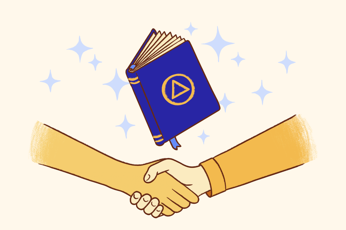 Illustration with a light, friendly color palette showing two light-skinned hands shaking in a gesture of agreement or commitment.