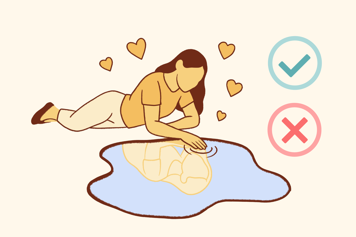 Illustration of a person gazing lovingly at their own reflection in a pool, surrounded by heart symbols, with checkmark and X icons indicating healthy self-esteem versus narcissistic traits: a visual metaphor for self-reflection and narcissism assessment.