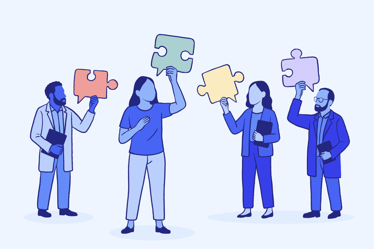 Illustration of diverse people, including doctors and professionals, holding up colorful puzzle pieces to symbolize collaboration, teamwork, and finding solutions together.