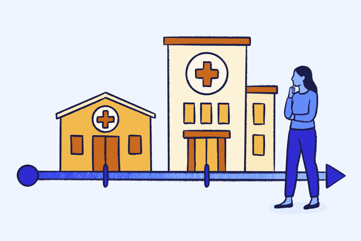 History of addiction treatment illustrated timeline showing early clinic, hospital, and modern healthcare buildings with a person considering treatment options.