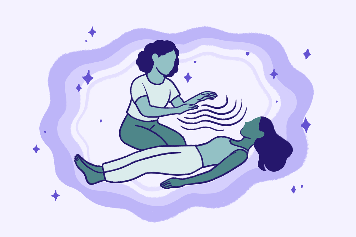 Illustration of two people in a dreamy purple space with stars: one person kneels and reaches their hands toward another person lying down, with wavy lines between them suggesting calming energy or healing touch.