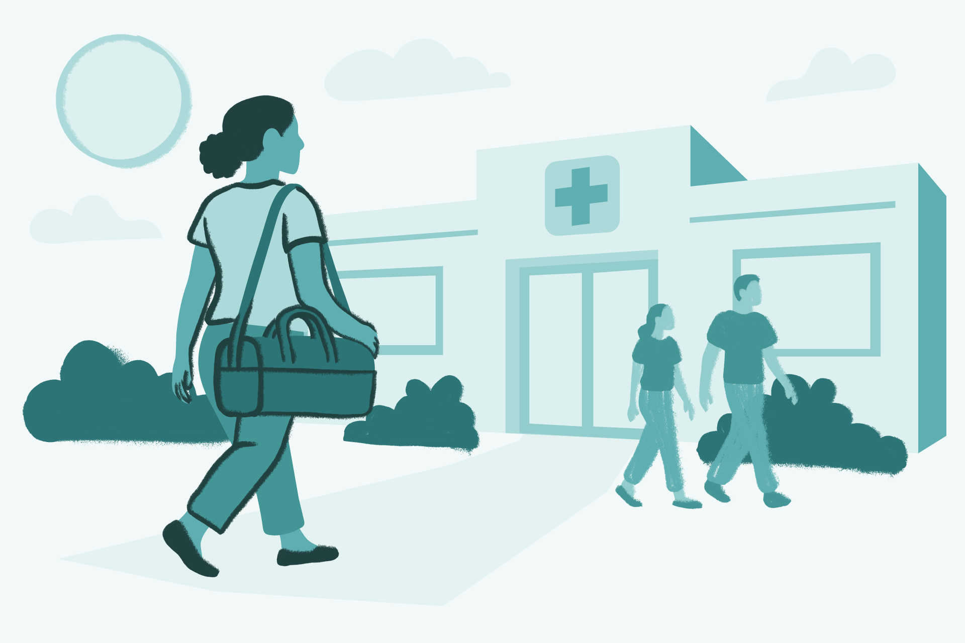 A teal-toned vector illustration of a person carrying a duffel bag walking toward a hospital building, where two other figures walk out the front entrance.