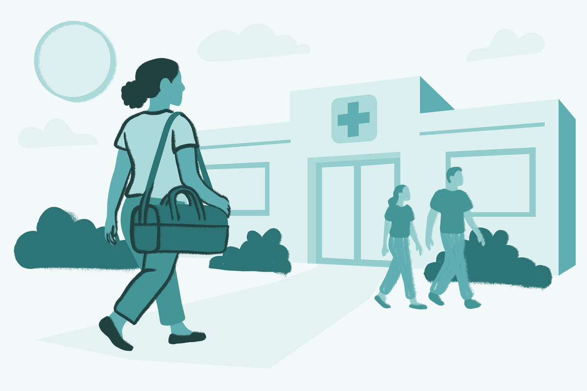 Illustrated woman carrying overnight bag walking toward medical facility with cross symbol while other people enter building, representing partial hospitalization program PHP day treatment where patients attend intensive therapy and return home
