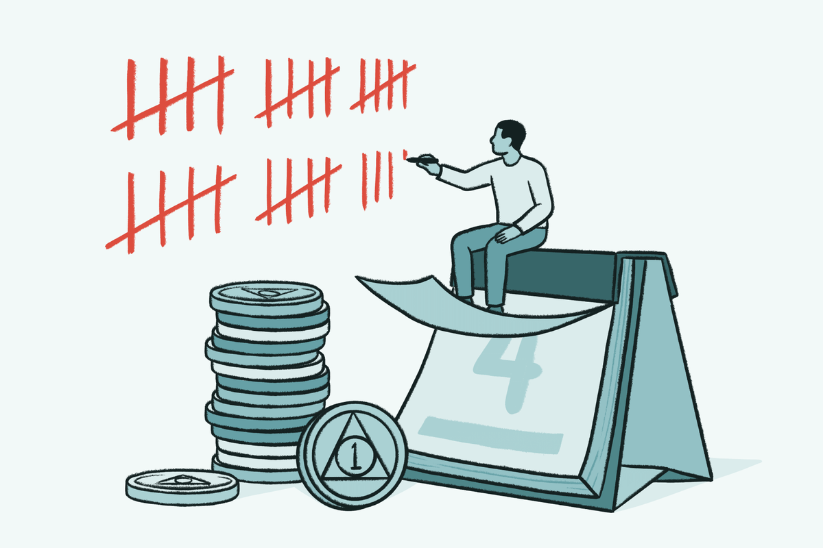 Illustration of a person counting sobriety days with red tally marks while sitting on a calendar next to stacked recovery coins symbolizing progress and sustained recovery.
