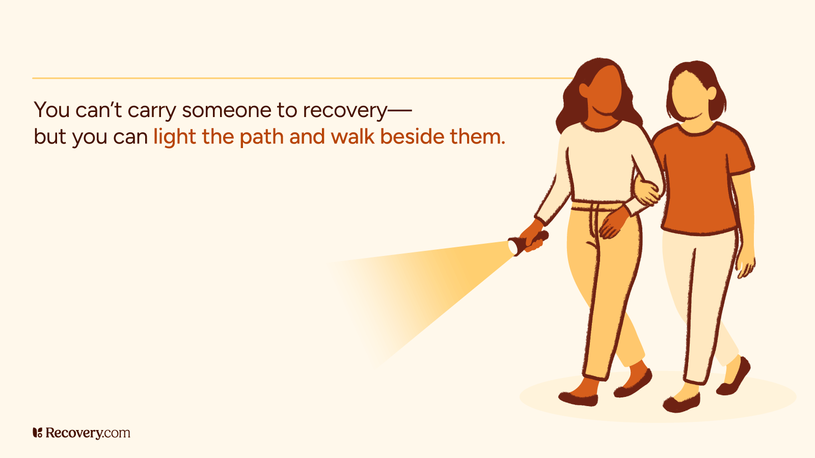Two people walking together with one holding a flashlight that creates a beam of light on the path ahead, illustrating supportive companionship in addiction recovery