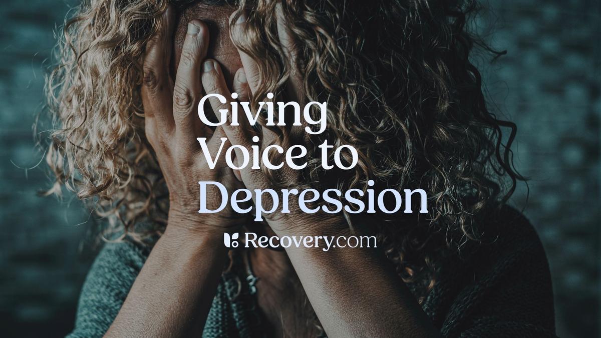 Person with curly hair covering their face with their hands, with “Giving Voice to Depression” and Recovery.com text overlaid.