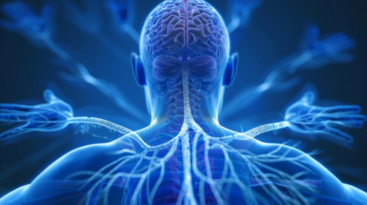 A blue-toned, 3D medical illustration of a human body seen from the back, showing a glowing brain and nervous system