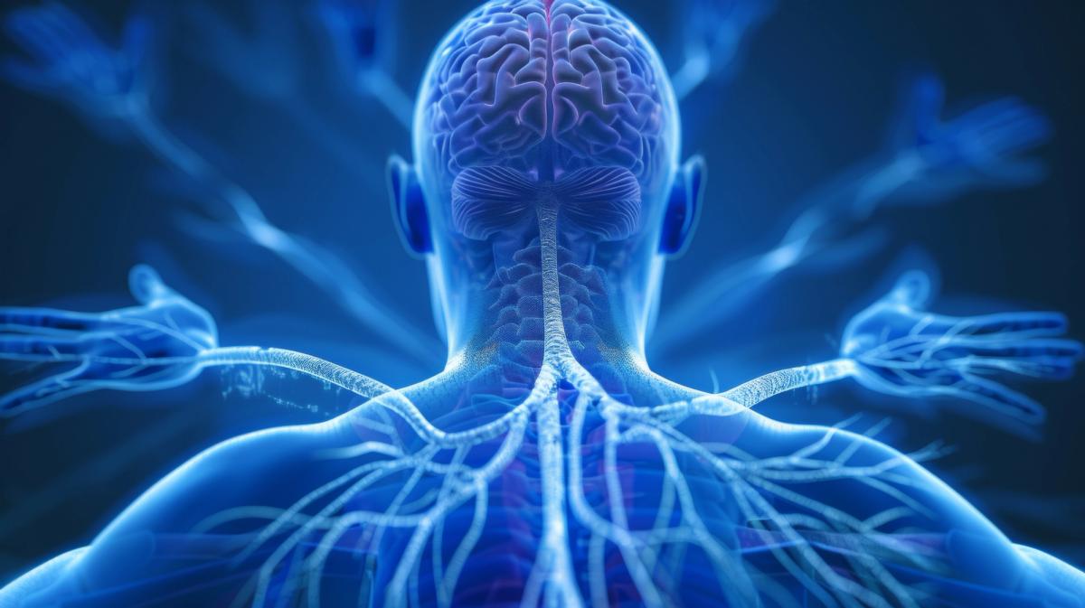 A blue-toned, 3D medical illustration of a human body seen from the back, showing a glowing brain and nervous system