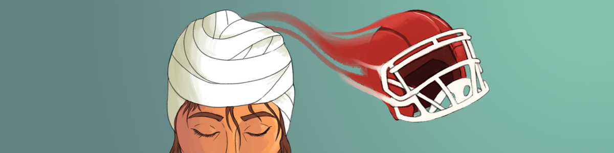 An illustration of a person with eyes closed and a head wrapped in bandages as a football helmet flies away, symbolizing a traumatic brain injury and the impact of head trauma.