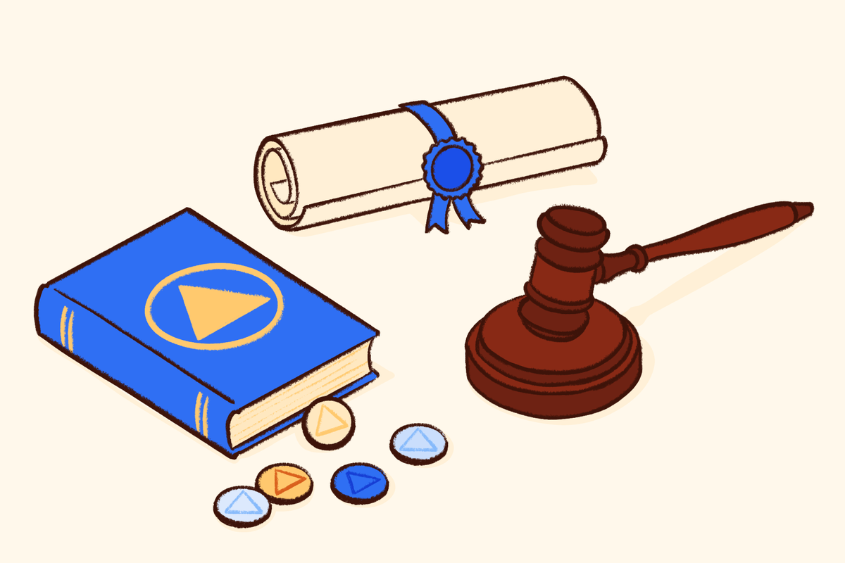 Illustration of recovery policy system with law gavel education book diploma and funding tokens representing mental health and substance use recovery services.