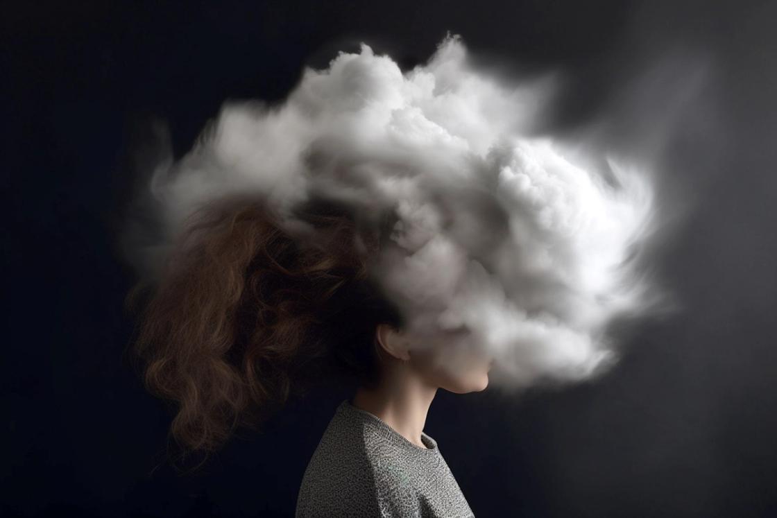 Woman with cloud obscuring her head, representing the cognitive impairment and mental confusion caused by mixing alcohol and methamphetamine