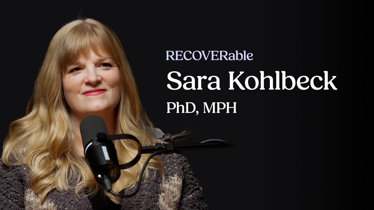 A portrait of Sara Kohlbeck, PhD, MPH, smiling during a podcast recording for RECOVERable.