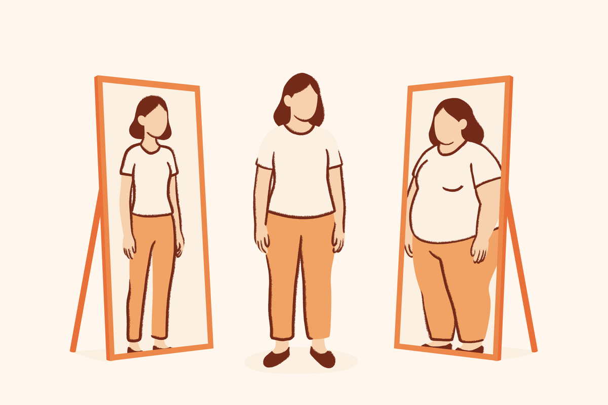 A minimalist illustration of a woman standing between two mirrors. The mirror on the left shows a thinner reflection, while the mirror on the right shows a larger reflection, symbolizing body dysmorphia or distorted self-perception.