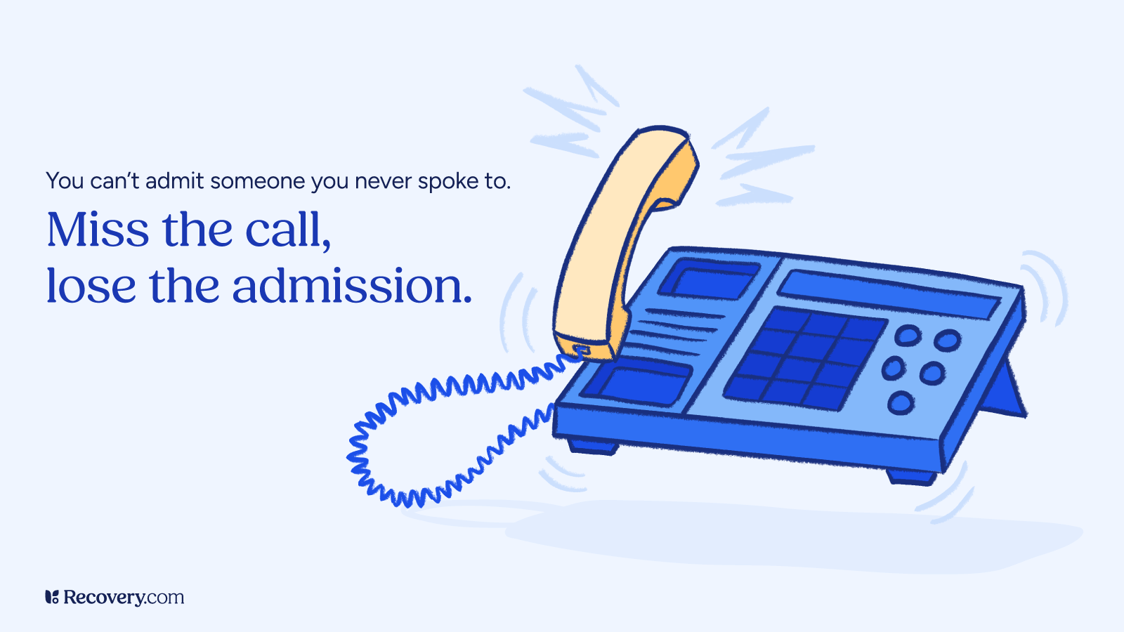 Illustrated office phone ringing with the handset off the hook alongside the text