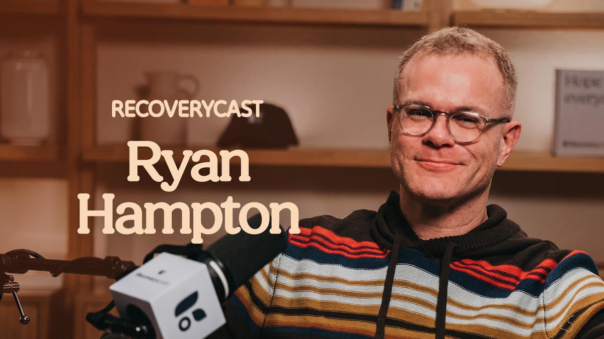 Recoverycast podcast episode featuring Ryan Hampton, addiction recovery advocate and founder of Mobilize Recovery, speaking into a microphone in a studio setting