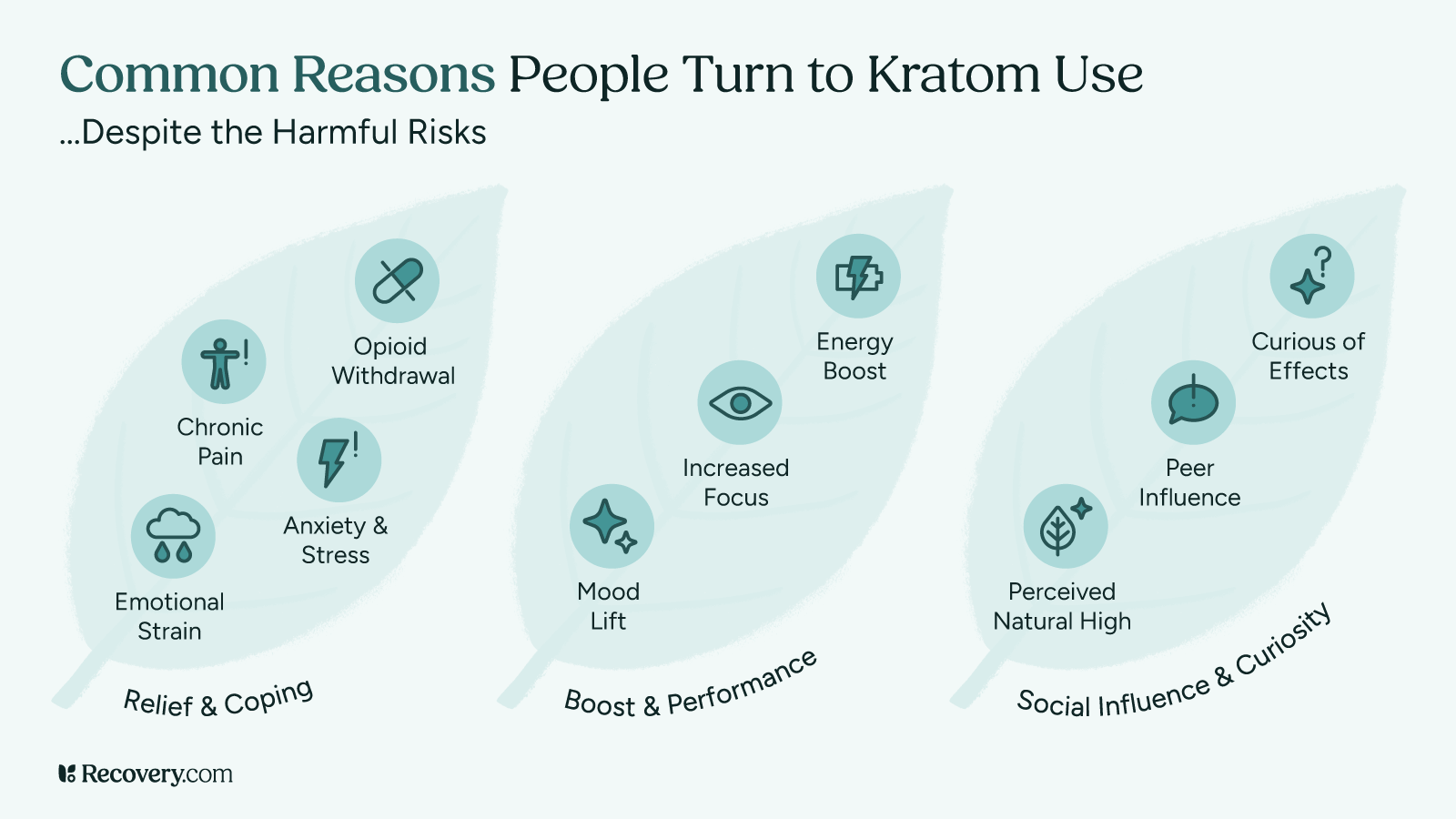 Infographic titled, Common Reasons People Turn to Kratom Use, Despite the Harmful Risks, showing three categories of motivation: Relief and Coping like chronic pain, opioid withdrawal, anxiety and stress, and emotional strain; Boost and Performance like increased focus, energy boost, and mood lift; and Social Influence and Curiosity like peer influence, curiosity about effects, and perceived natural high. Each reason is represented with an icon inside a leaf shape.