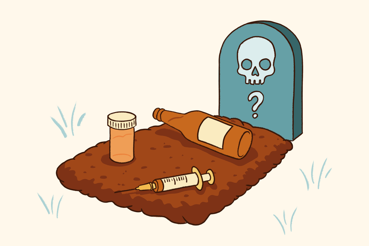 Illustration of a gravesite with a headstone showing a skull and a question mark, alongside a pill bottle, a syringe, and an unlabeled bottle lying on a mound of dirt.