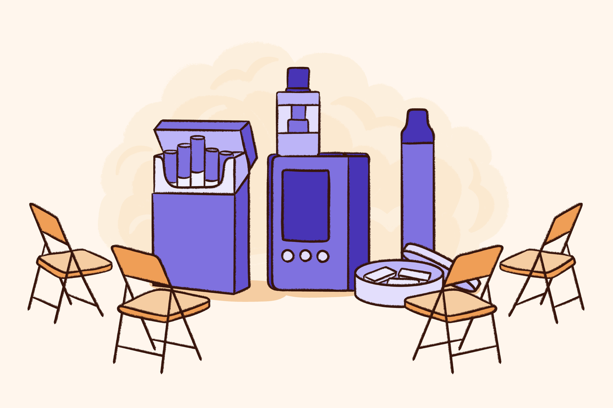 Illustration of vaping devices, cigarettes, and an ashtray surrounded by empty chairs, representing nicotine addiction, smoking relapse triggers, and a support group setting for quitting tobacco.