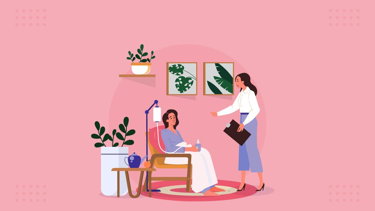 Illustration of a healthcare provider administering IV vitamin infusion to patient in comfortable treatment setting