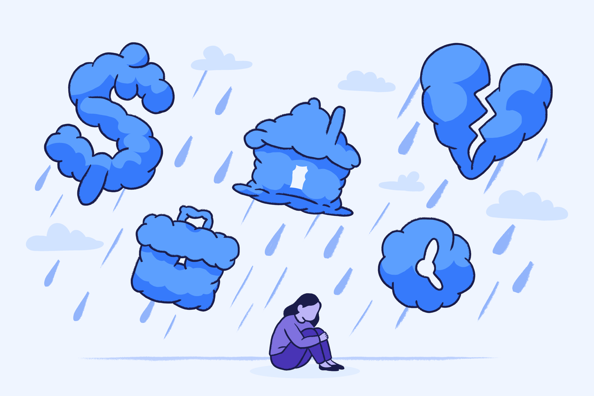 Illustration of a person sitting curled up on the ground while storm clouds shaped like symbols and objects rain down, representing depression, emotional overwhelm, or mental health struggles.