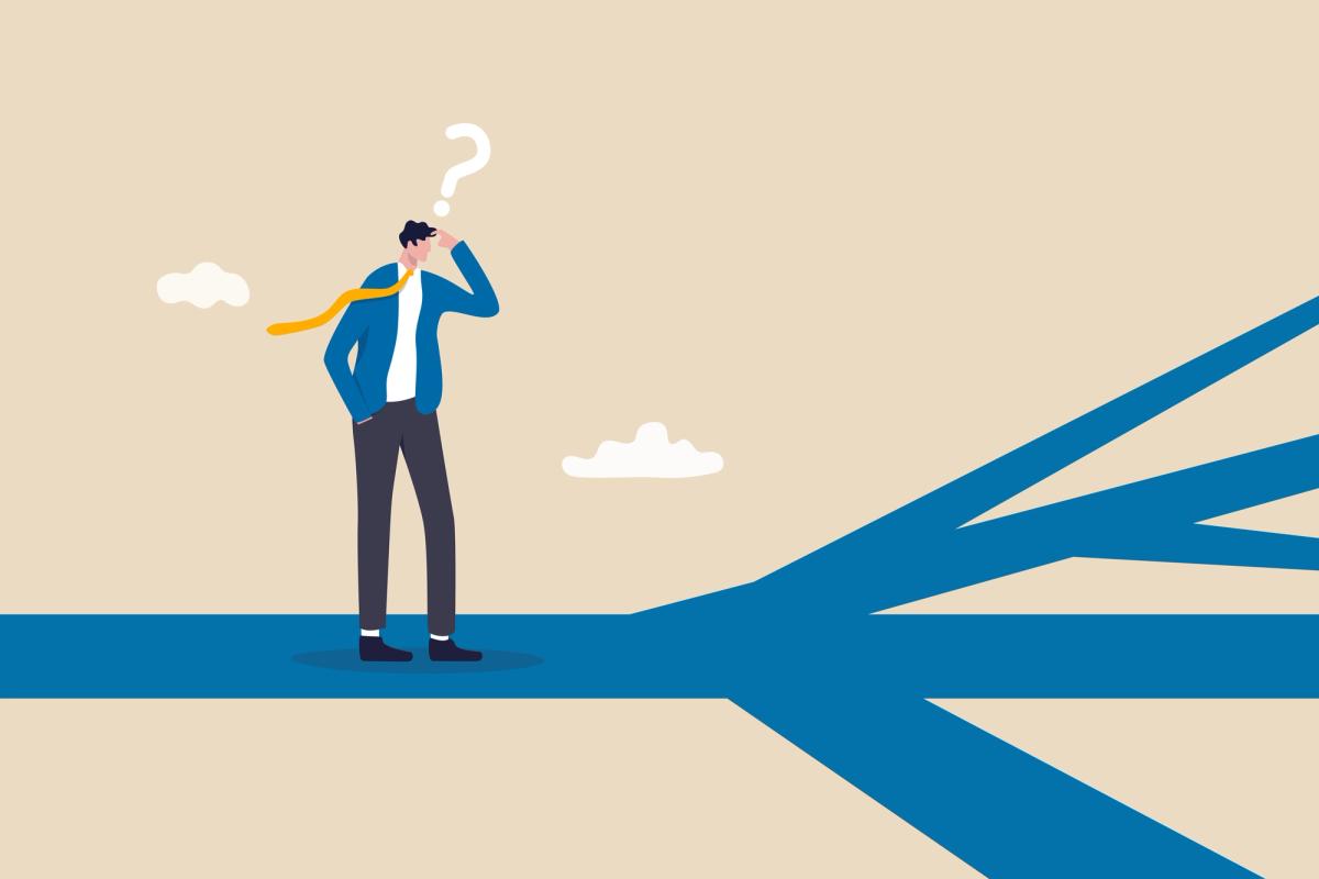 Illustration of a man standing at a fork in the road, holding his head with a question mark above him as multiple paths branch ahead, symbolizing uncertainty and decision-making about which direction to take.