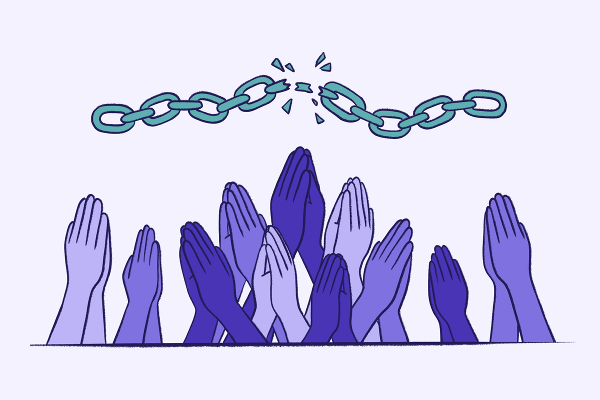 Illustration of multiple hands raised in prayer beneath a broken chain, symbolizing freedom, healing, and breaking free from addiction through faith and recovery.
