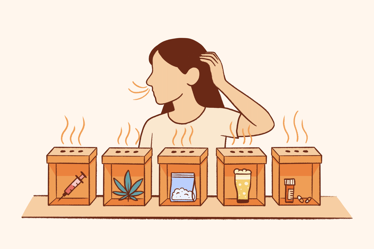 Illustration of a person smelling odors from boxes showing drugs, alcohol, and pills, representing common drug smells and substance odors.