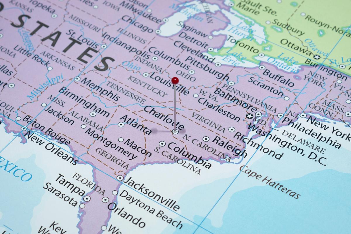 Map of the eastern United States with a pin.