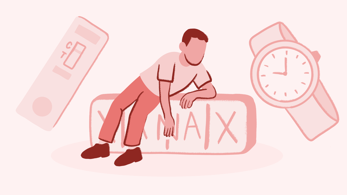 Illustration of a person slumped over a large pill labeled “Xanax,” with a watch and remote nearby, symbolizing sedation, fatigue, and benzodiazepine use or dependence.