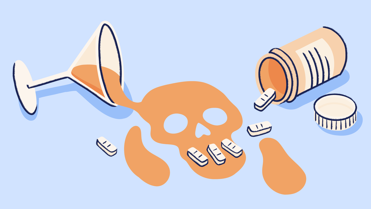 An illustration of a spilled cocktail and a prescription pill bottle, with the liquid forming the shape of a skull.