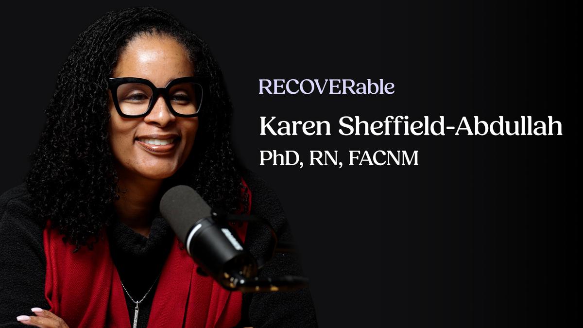 A professional promotional graphic for "RECOVERable" featuring Dr. Karen Sheffield-Abdullah. She is a Black woman with long dark curls and glasses, smiling next to a studio microphone against a black background.