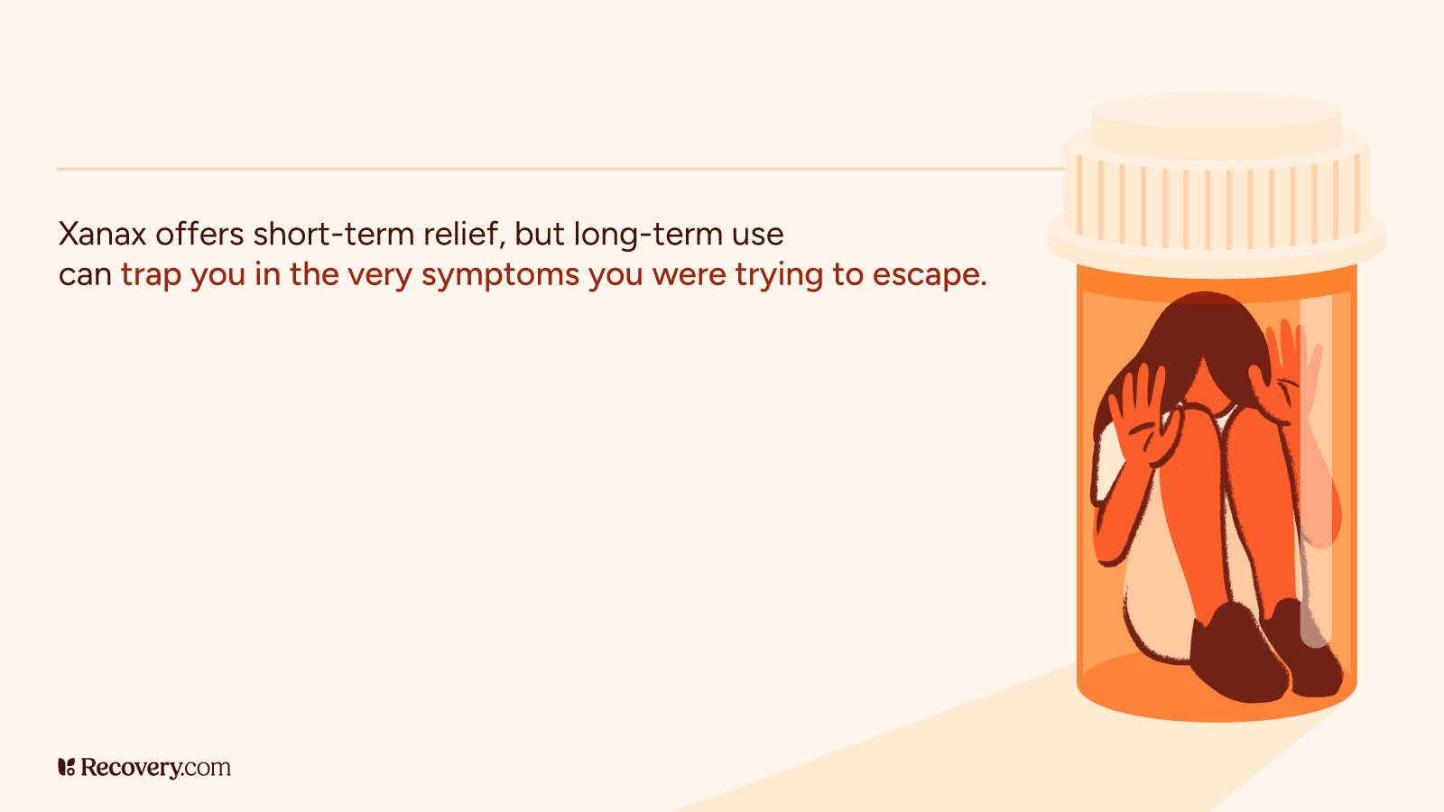 Illustration of a person trapped inside a prescription pill bottle, symbolizing Xanax dependency. Text reads, Xanax offers short-term relief, but long-term use can trap you in the very symptoms you were trying to escape.