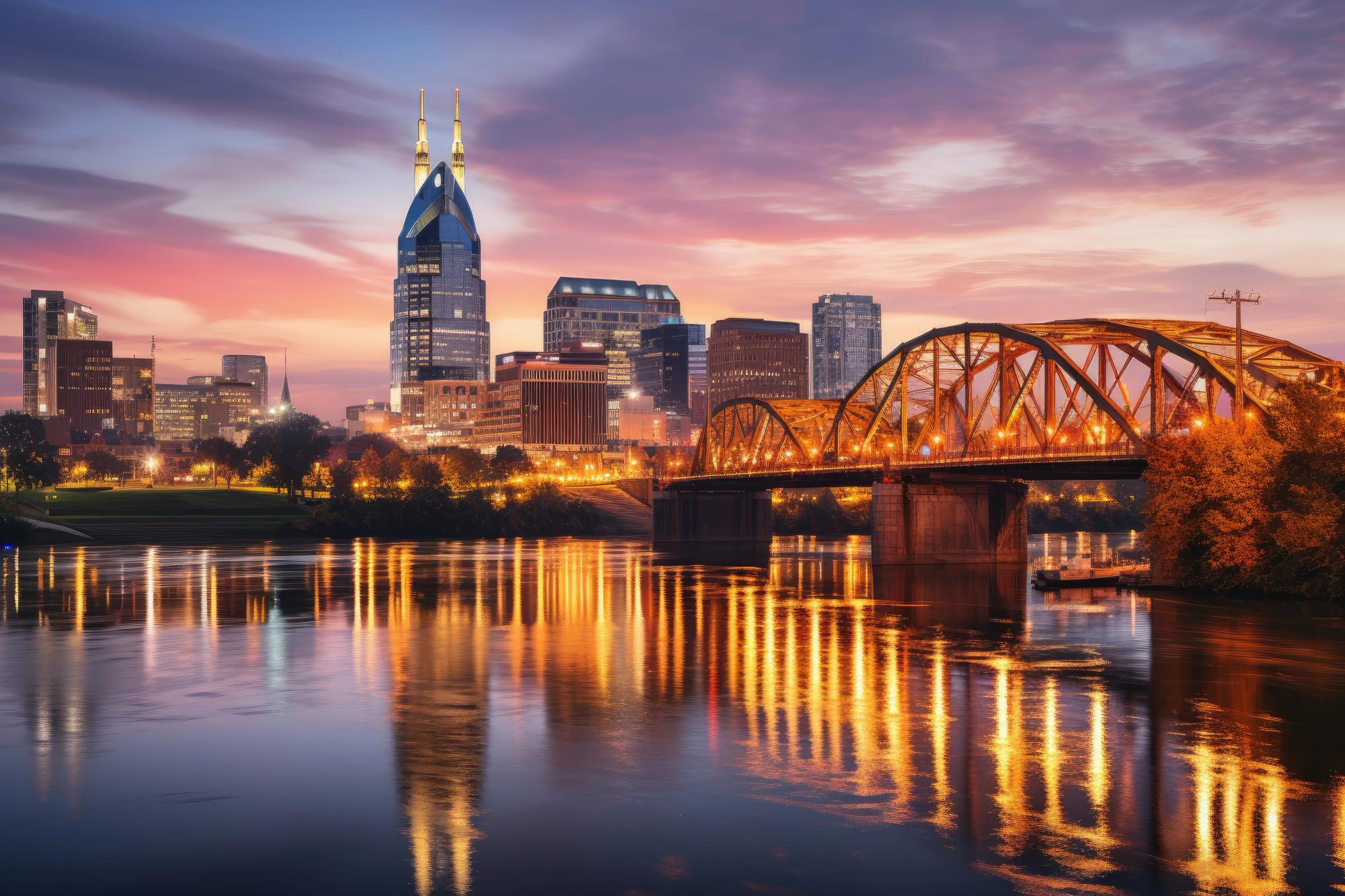 The Nashville city skyline at twilight, featuring the 