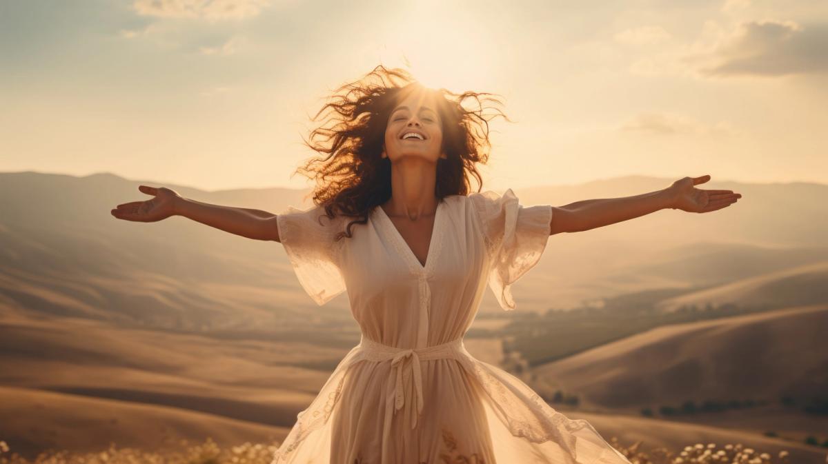 Woman with arms outstretched in joyful freedom during eating disorder recovery journey, embracing wellness in natural outdoor setting