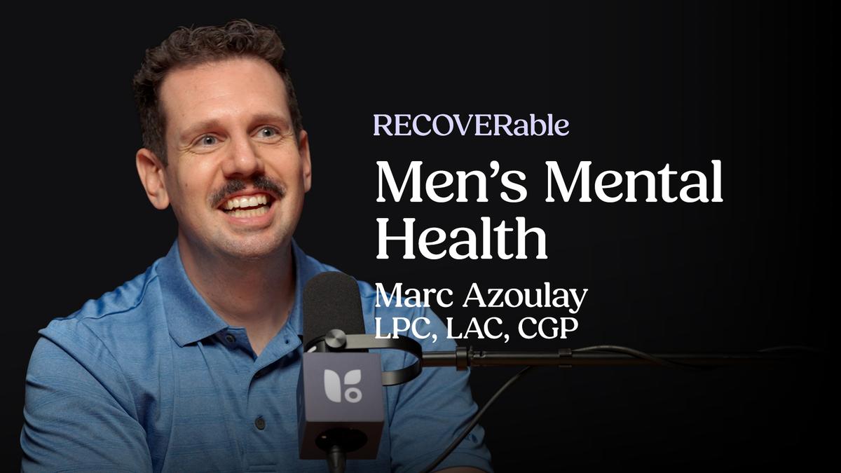 Marc Azoulay, LPC, LAC, CGP, speaking into a microphone during a RECOVERable podcast episode about men’s mental health.