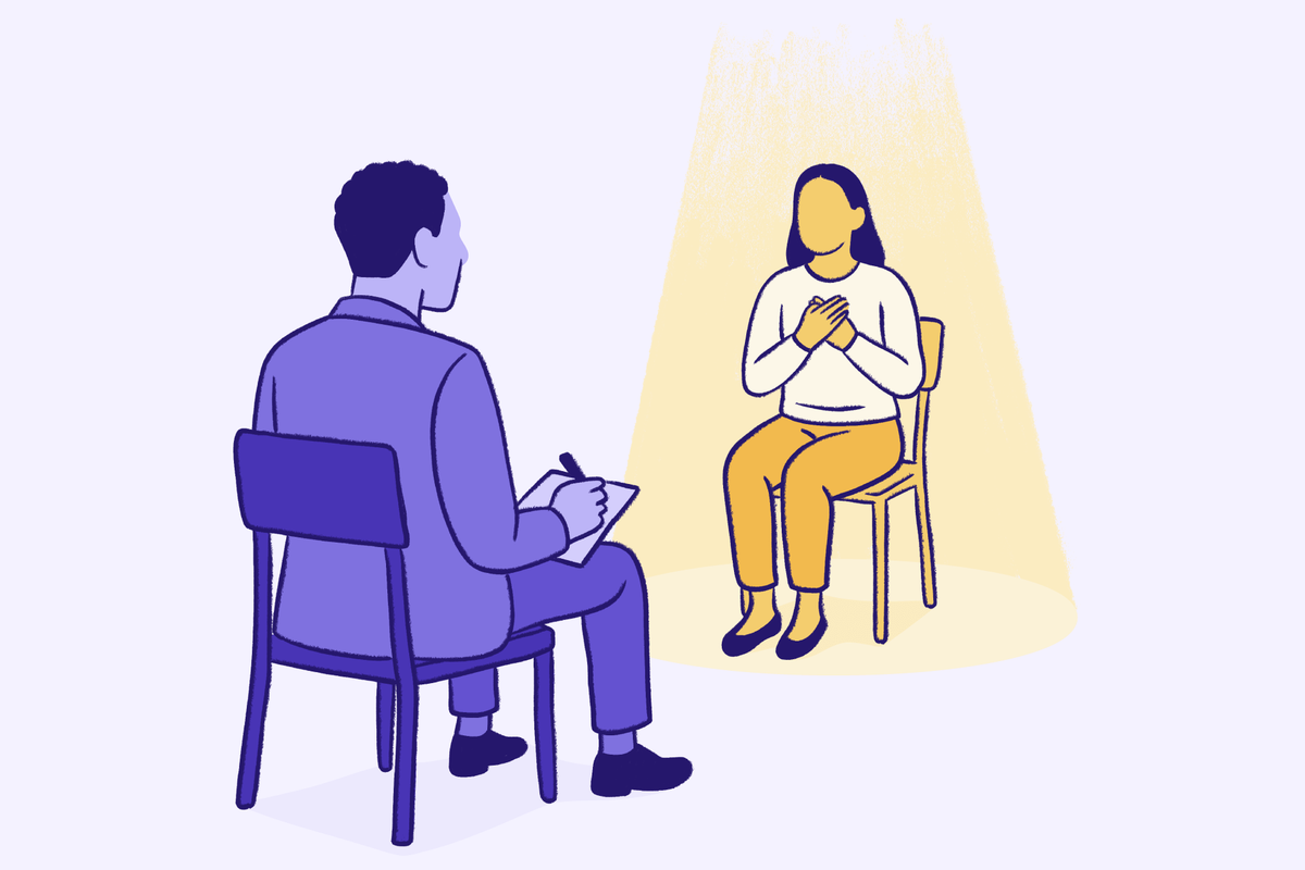 Individual therapy session illustration showing therapist taking notes while client sits with hands over chest under spotlight representing emotional expression and mental health support.