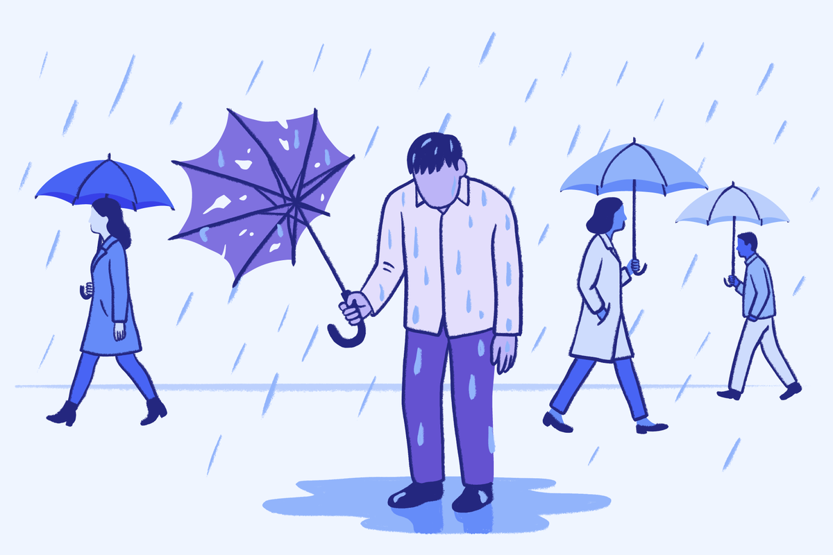A blue and purple toned illustration of a man standing dejectedly in the rain.