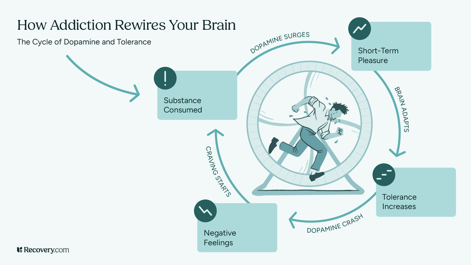 Infographic titled how addiction rewires your brain, illustrating the cycle of dopamine and tolerance. A man runs in a hamster wheel surrounded by stages: substance consumed, dopamine surges, short-term pleasure, brain adapts, tolerance increases, dopamine crash, negative feelings, and cravings. Arrows show the repeating cycle of addiction.