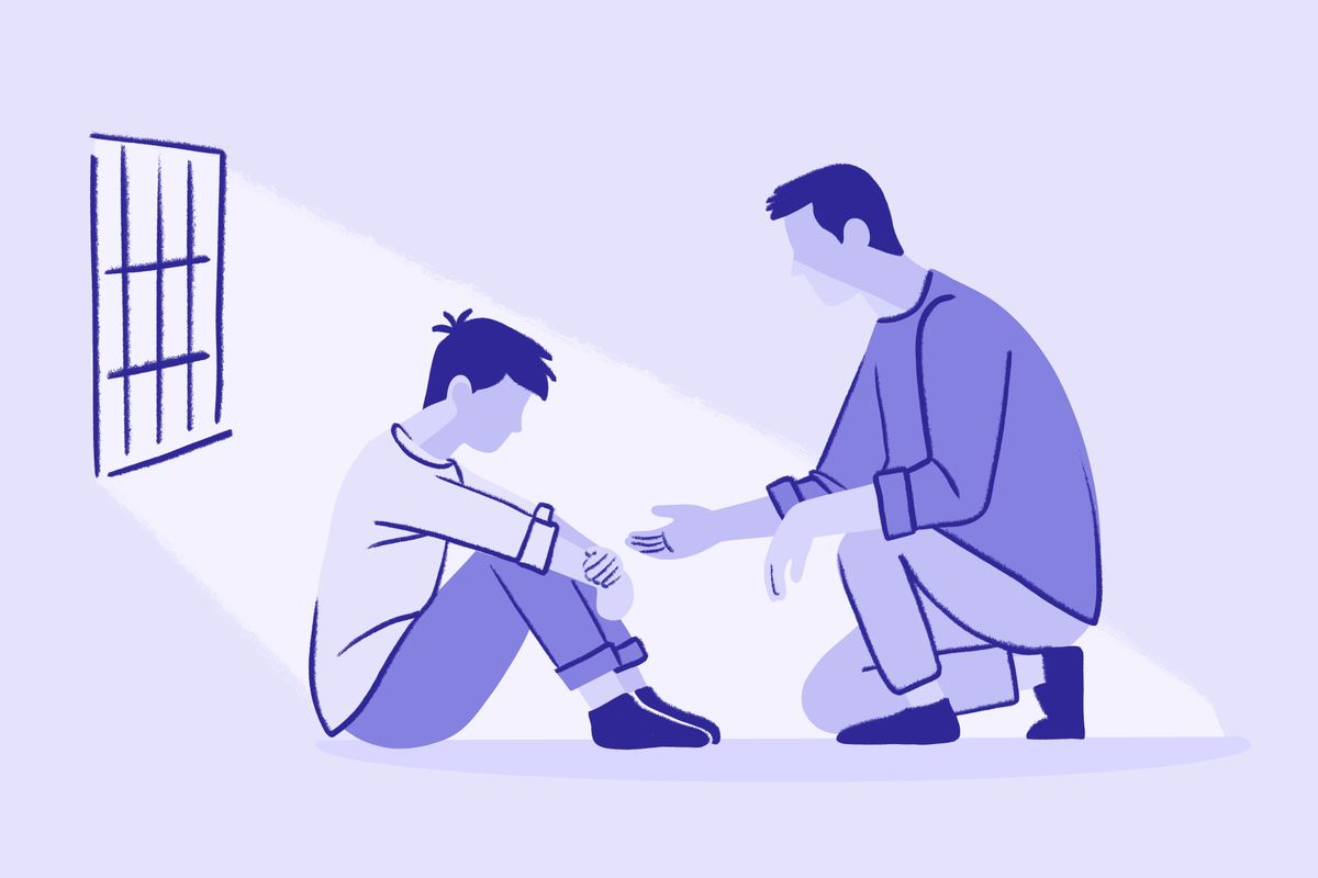 A monochromatic purple illustration of a man kneeling to comfort a distressed young person sitting on the floor.