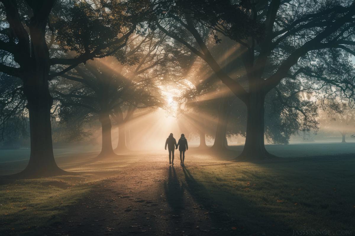 A silhouetted couple walks hand-in-hand down a path through a misty park as dramatic golden sunbeams burst through the trees.