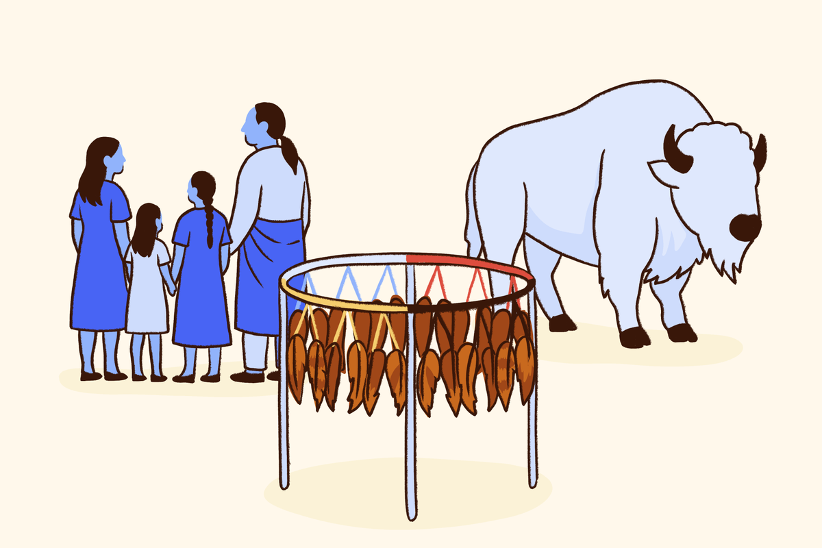 Illustration of an Indigenous family standing together near a ceremonial drum, with a buffalo in the background, representing cultural tradition and heritage.