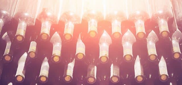 Rows of wine bottles stored horizontally in a cellar, illuminated by a warm glow.