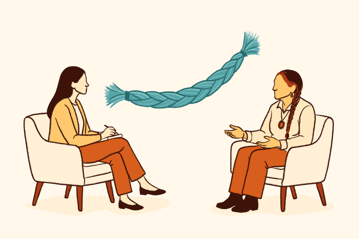 Therapist and Indigenous client in a counseling session with a braided sweetgrass symbol representing cultural healing connection and traditional therapeutic practices.
